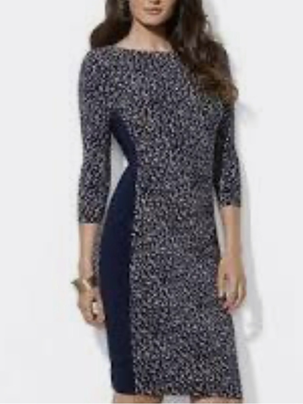 Ralph Lauren Navy/Tan Contrast Panel Side Ruched Stretch Jersey Sheath Dress 6